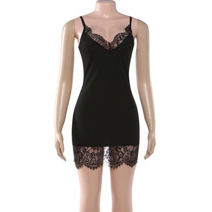 Lace hem v neck ribbed backless cami mini dress  | Festival Outfits Women