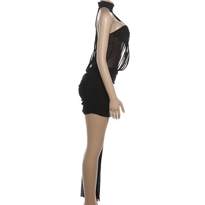 High neck ruched irregular mesh solid mini dress  | Festival Outfits Women