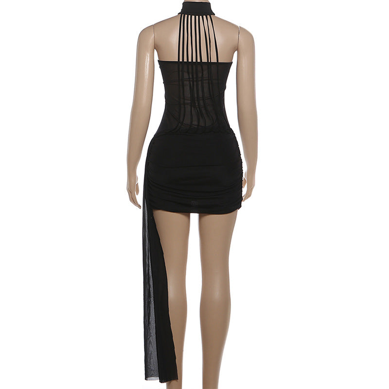 High neck ruched irregular mesh solid mini dress  | Festival Outfits Women