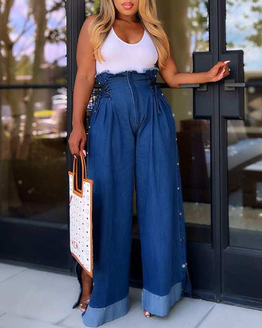 Casual High-Waisted Lace-Up Wide-Leg Pants