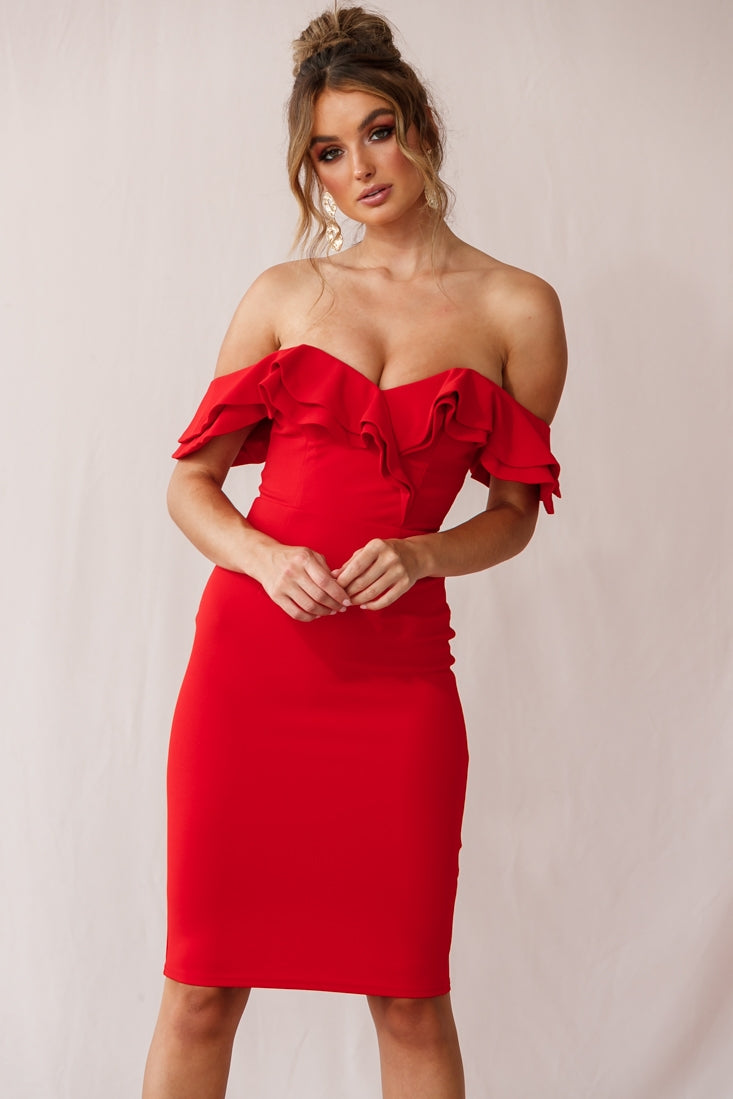 Rossi Ruffled Off The Shoulder Bodycon Dress Red