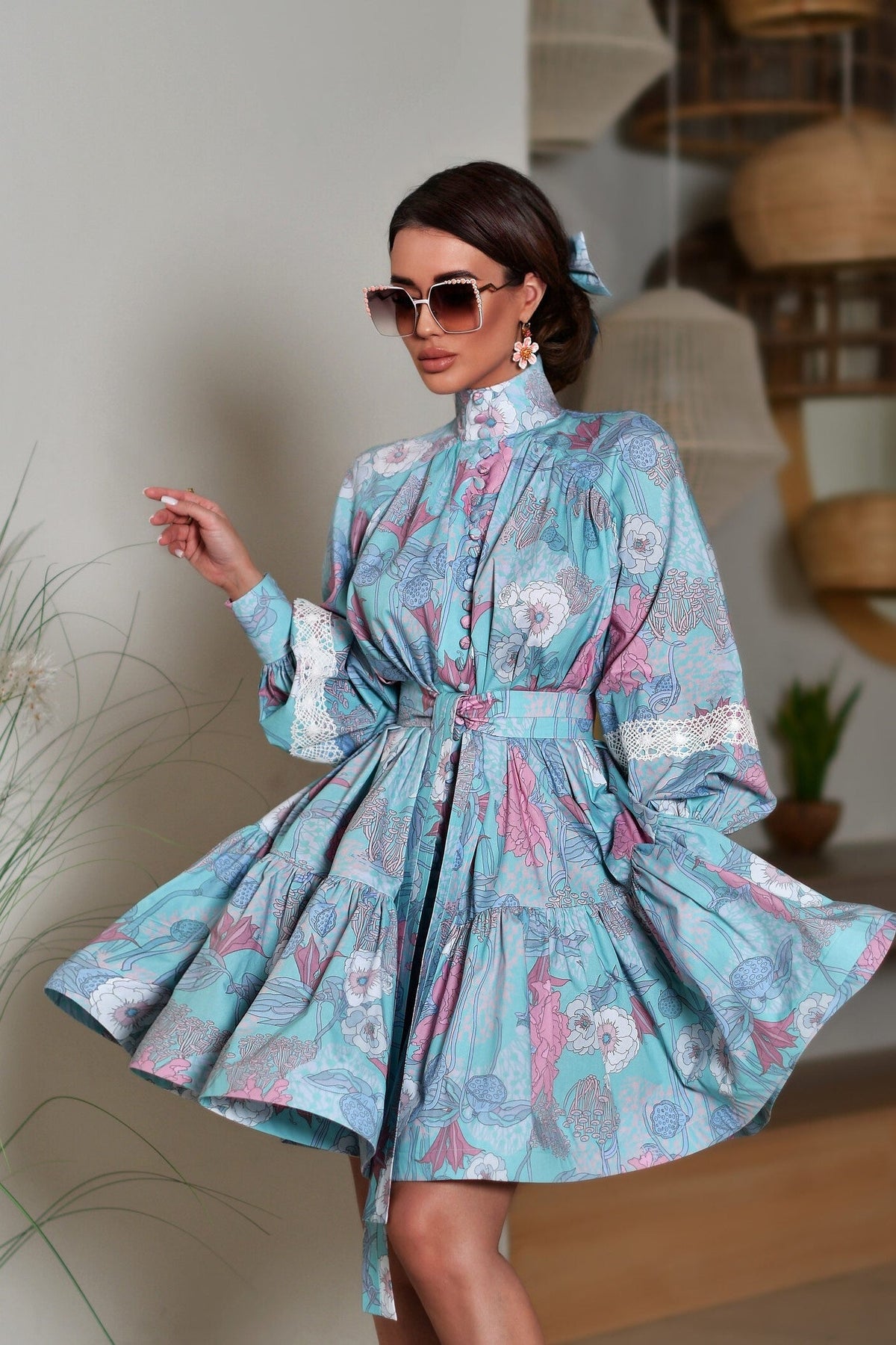 Floral Puff Sleeve High Collar Tapered Waist Mini Dress
