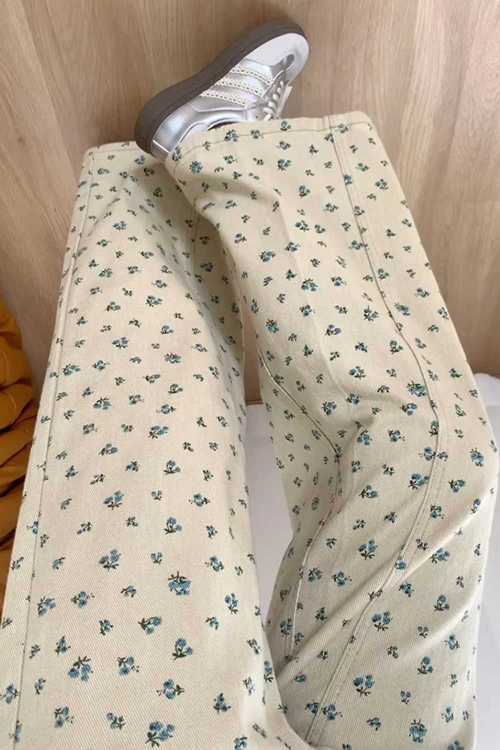 High Waist Loose Floral Pattern Khaki Jeans Pants