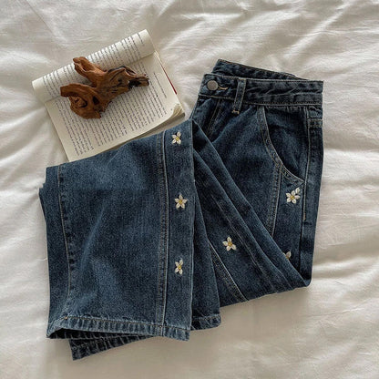 High Waist Flowers Embroidered Denim Jeans Pants