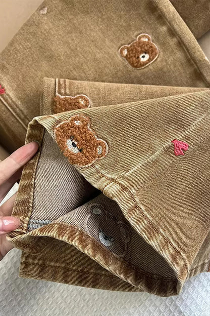 High Waist Bear Embroidered Brown Jeans Pants