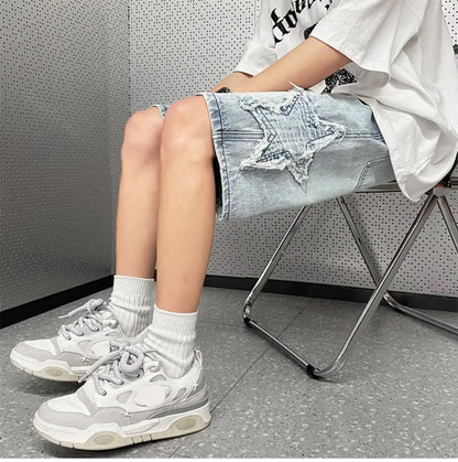 Stars Patchwork Retro Washed Denim Shorts