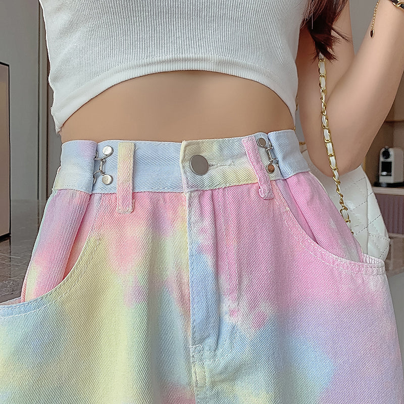 Pink Tie Dye Wide Leg Shorts Jeans