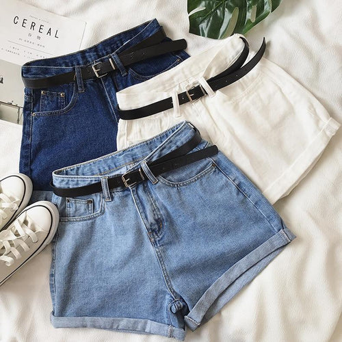 High Waist Classic Denim Shorts With Belt