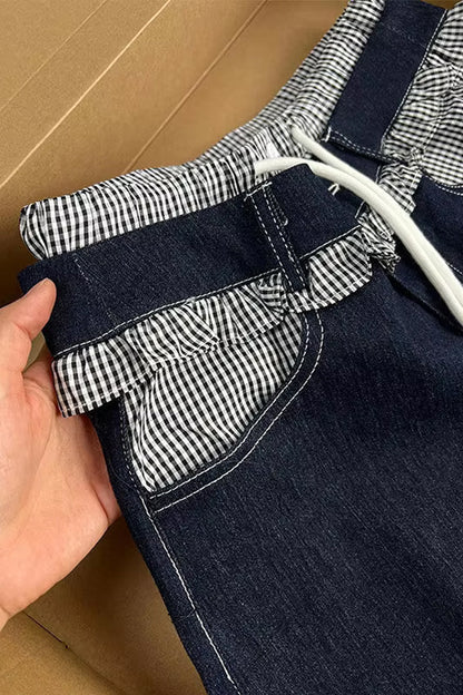 Vintage Ruffled Striped Waist Denim Long Pants