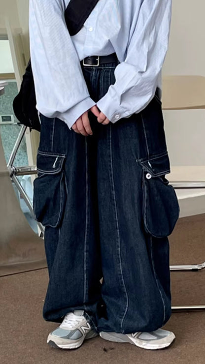 Loose Wide Leg Oversize Cargo Pockets Jeans Pants