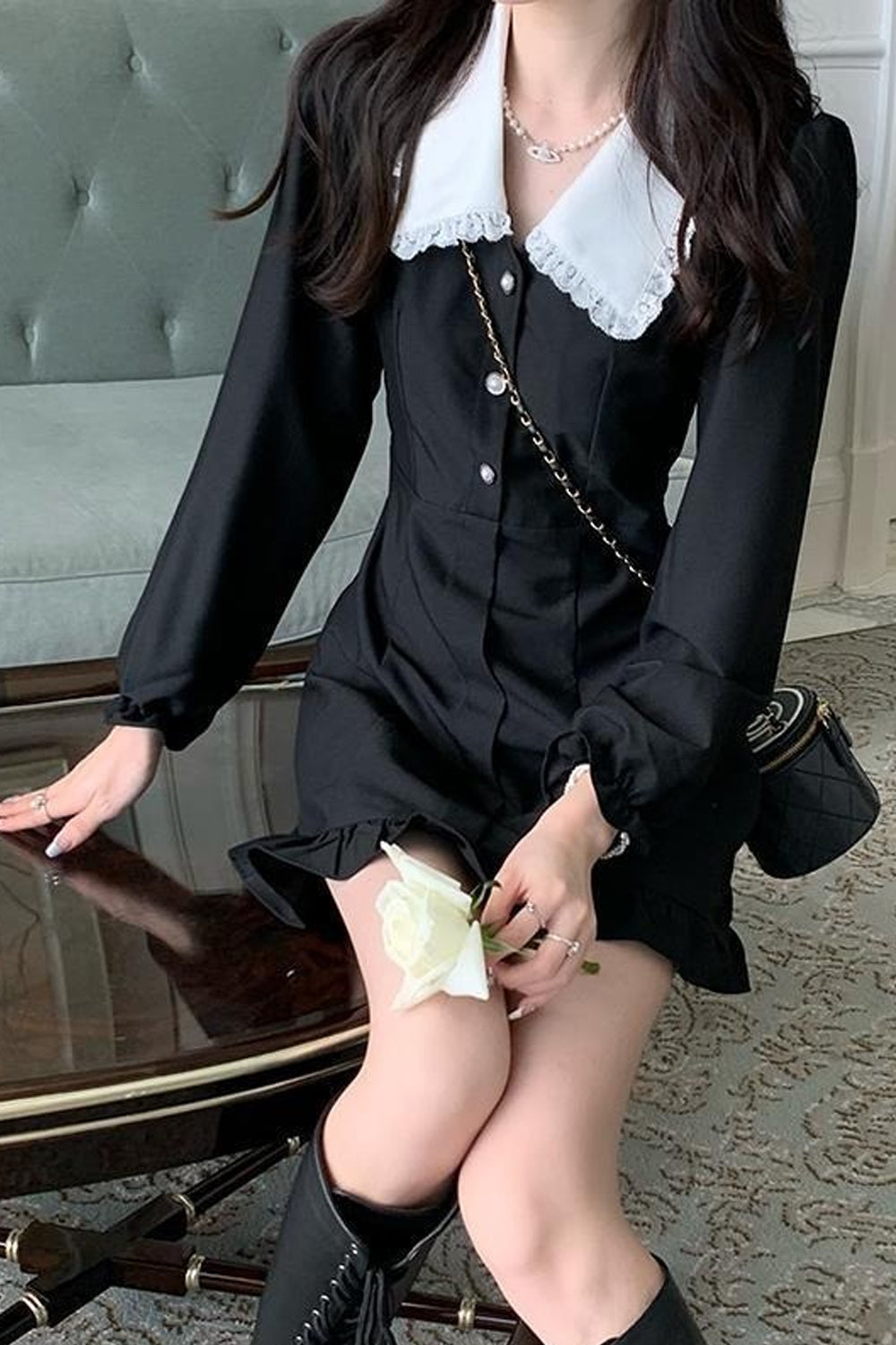 Long Sleeve Peter Pan Collar Ruffle Mini Dress