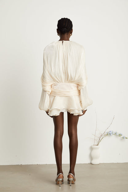 Eugénie Neutral Fully Pleated Ruffled Mini Dress