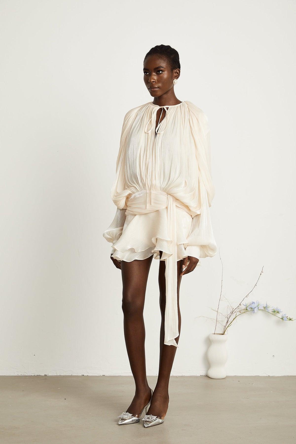 Eugénie Neutral Fully Pleated Ruffled Mini Dress