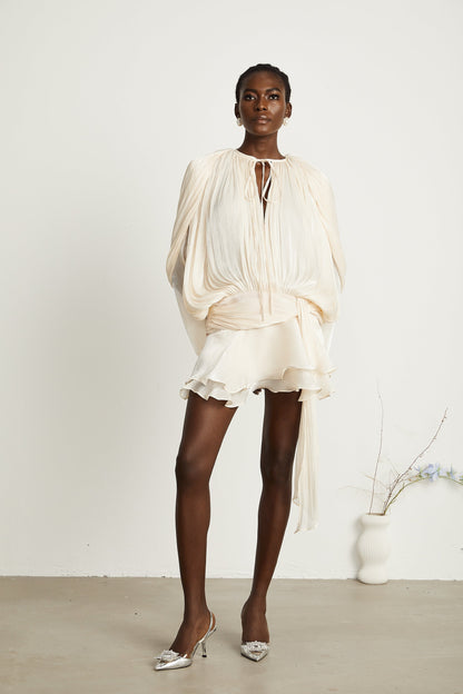 Eugénie Neutral Fully Pleated Ruffled Mini Dress