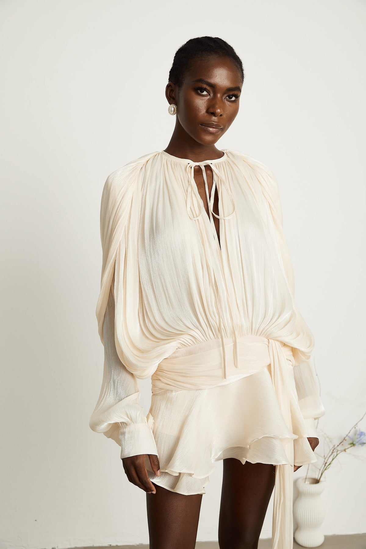 Eugénie Neutral Fully Pleated Ruffled Mini Dress
