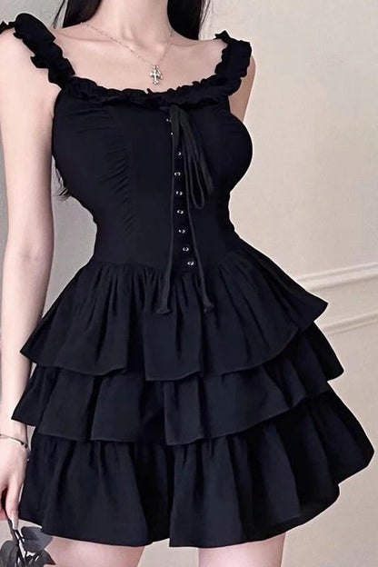 Black Off Shoulder Fringed Suspender Mini Dress