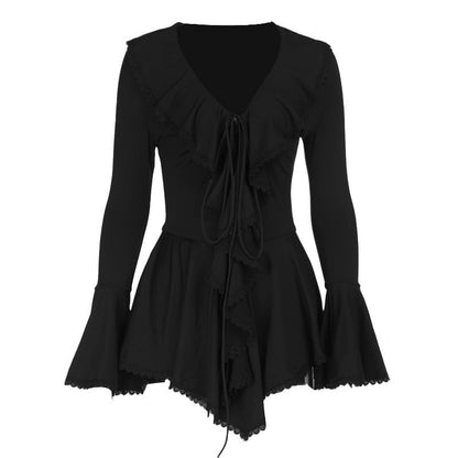 Long flared sleeve ruffle v neck self tie mini dress  | Festival Outfits Women