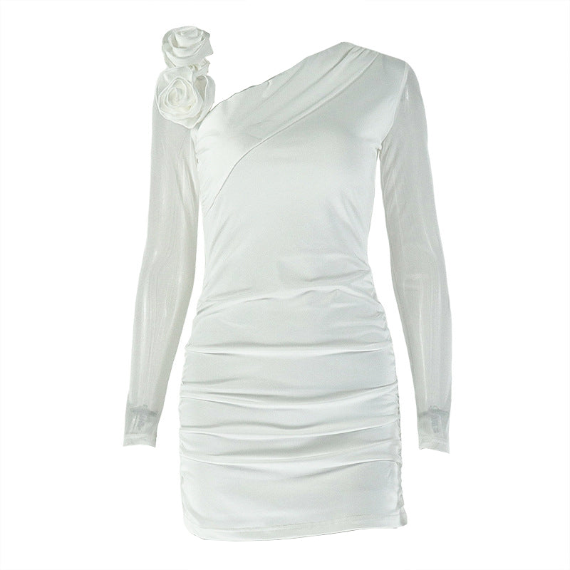 Long sleeve flower applique ruched mini dress  | Festival Outfits Women