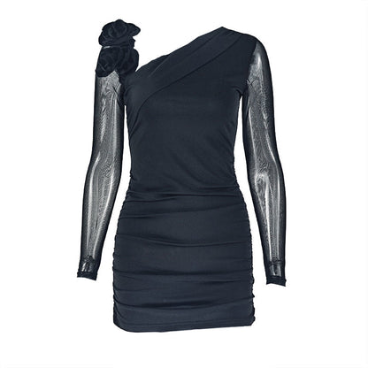 Long sleeve flower applique ruched mini dress  | Festival Outfits Women