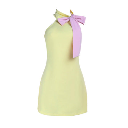 Bowknot self tie high neck backless mini dress  | Festival Outfits Women