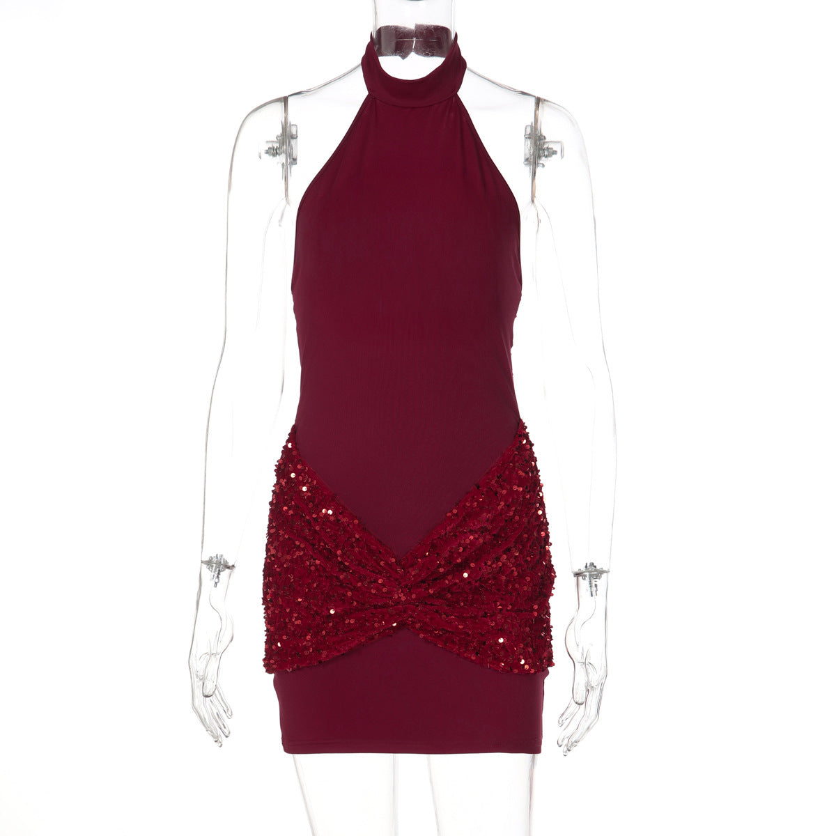 Glitter ruched button halter backless mini dress  | Festival Outfits Women