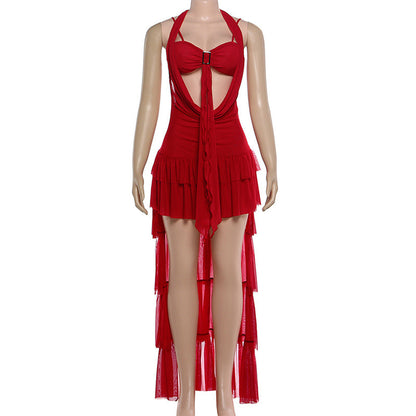 Self tie halter hollow out ruffle mesh mini dress  | Festival Outfits Women