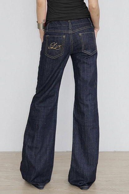 Letter Embroidery Vintage Low Rise Slim Flare Jeans