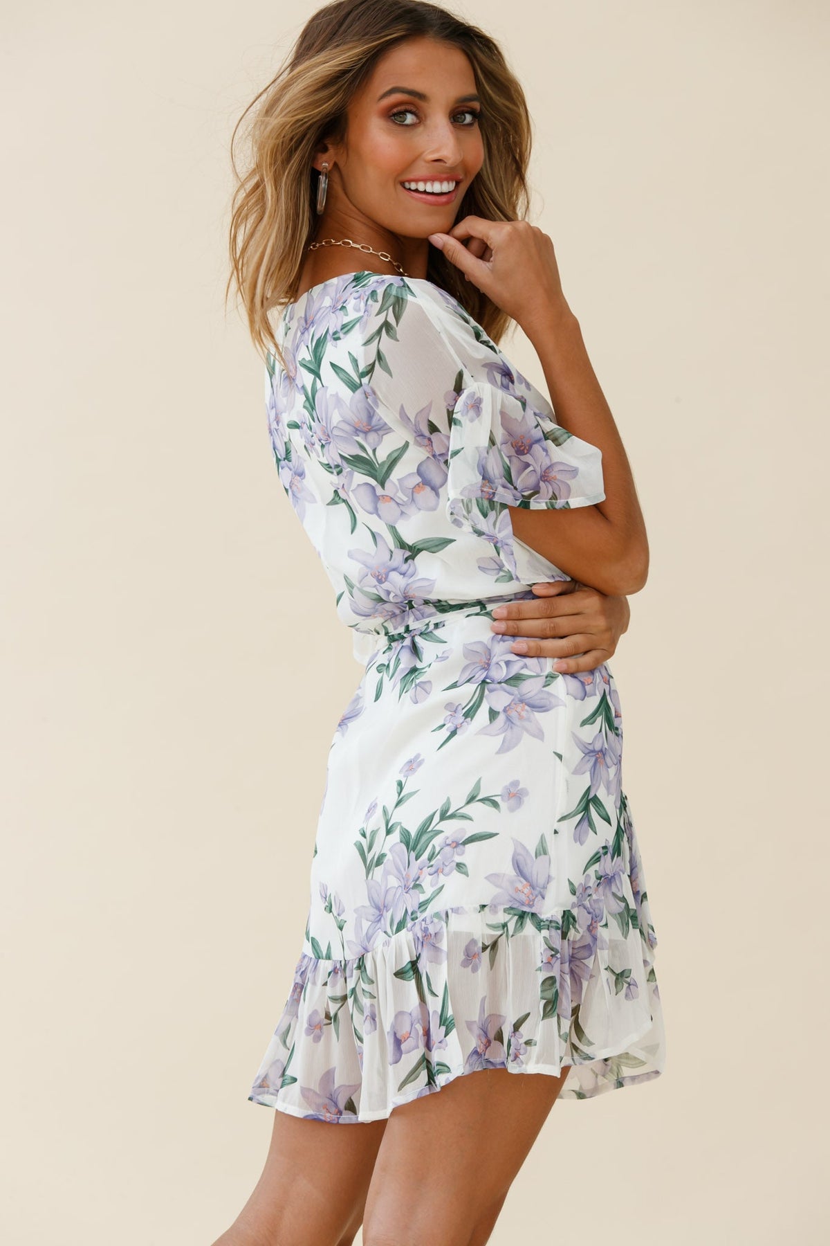 Azealia  Ruffle Hem Dress Flower Print White