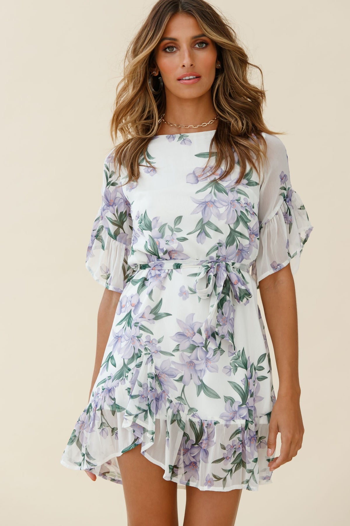 Azealia  Ruffle Hem Dress Flower Print White