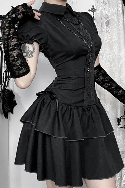 Dark Gothic Lace Patchwork High Waist Bow A-line Mini Dress
