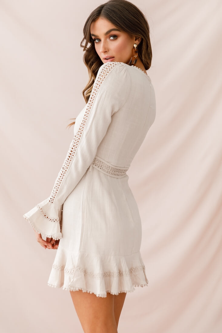 Aspley Flare Cuff Waist Tie Dress Beige