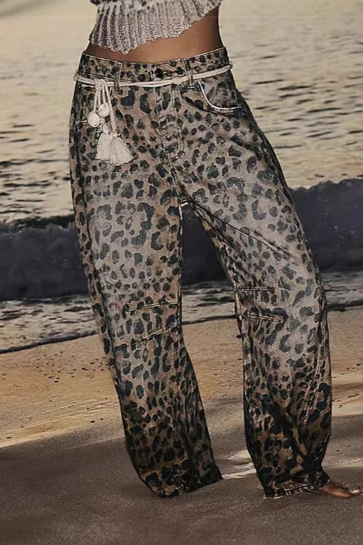 Leopard Print High-Rise Straight High-Street Jeans