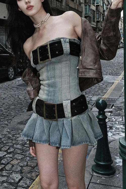 Y2K Washed Denim Pleated Strapless Mini Dress