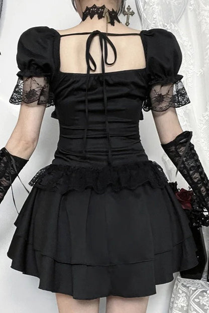 Dark Gothic Lace Trim Puff Sleeve Square Neck A-line Mini Dress