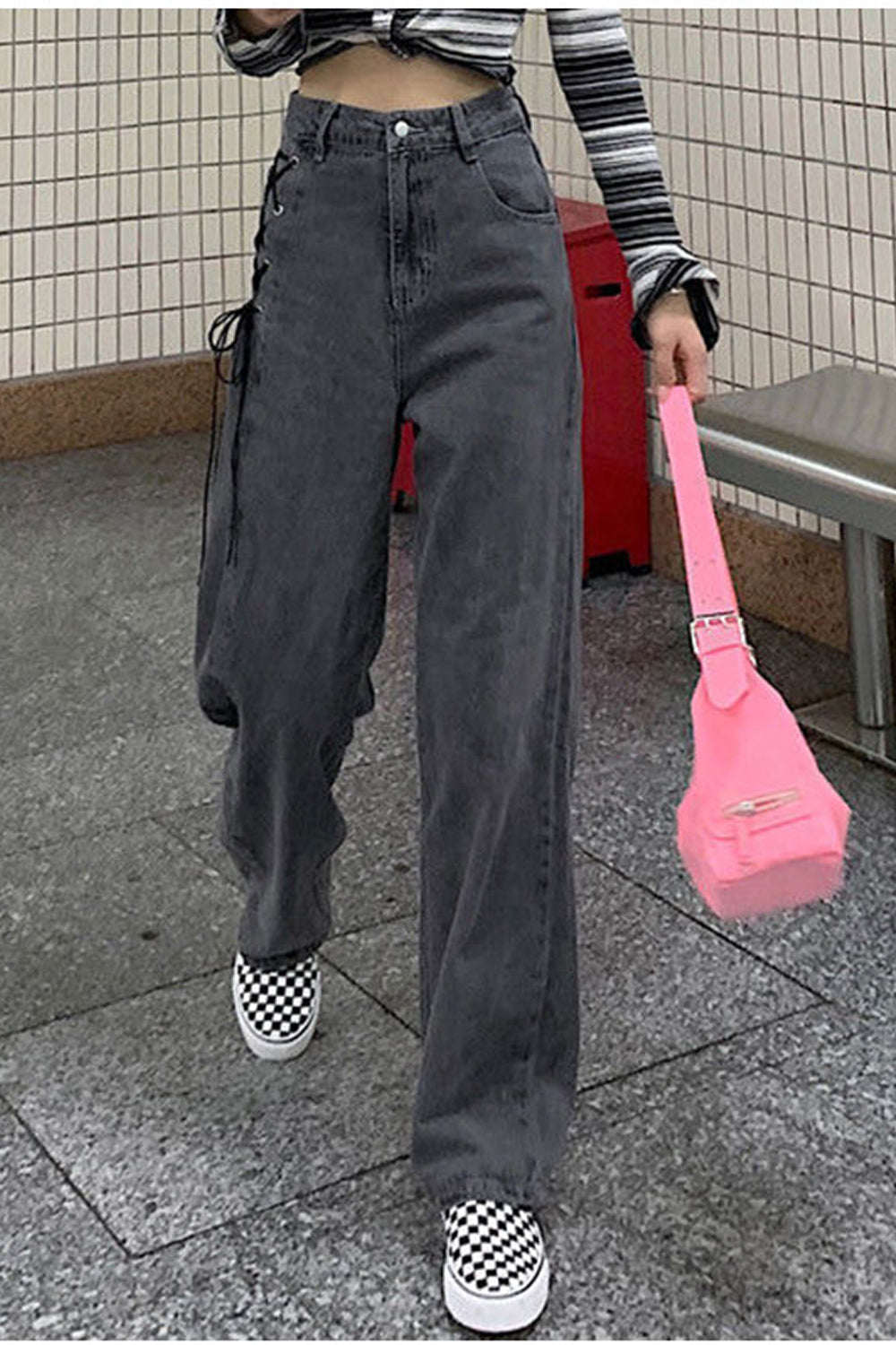 High Waist Side Tie Long Grey Jeans Pants