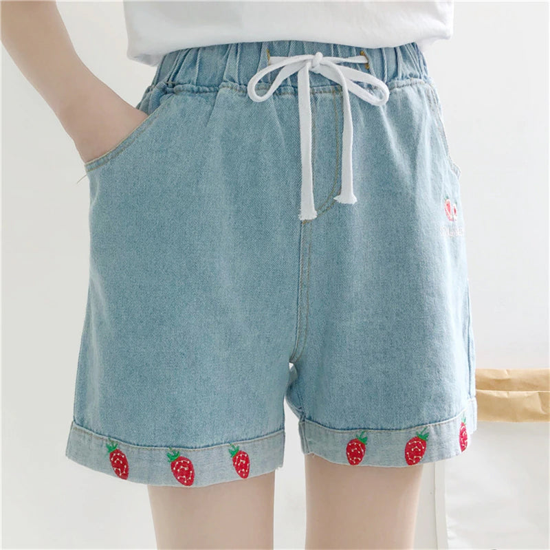Cute Strawberry Embroidery Denim Shorts Jeans