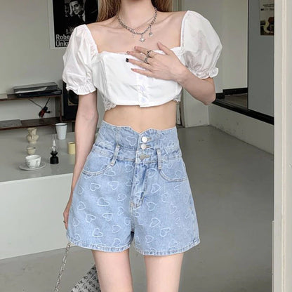 Cute Back Bow Heart Embroidered Shorts Jeans