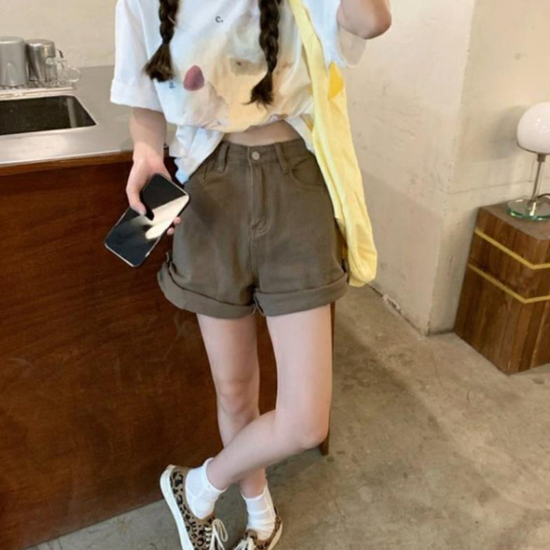 Vintage Solid Crimping Brown Shorts Jeans