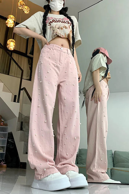 High Waist Cute Pearls Beaded Pink Jeans Pants