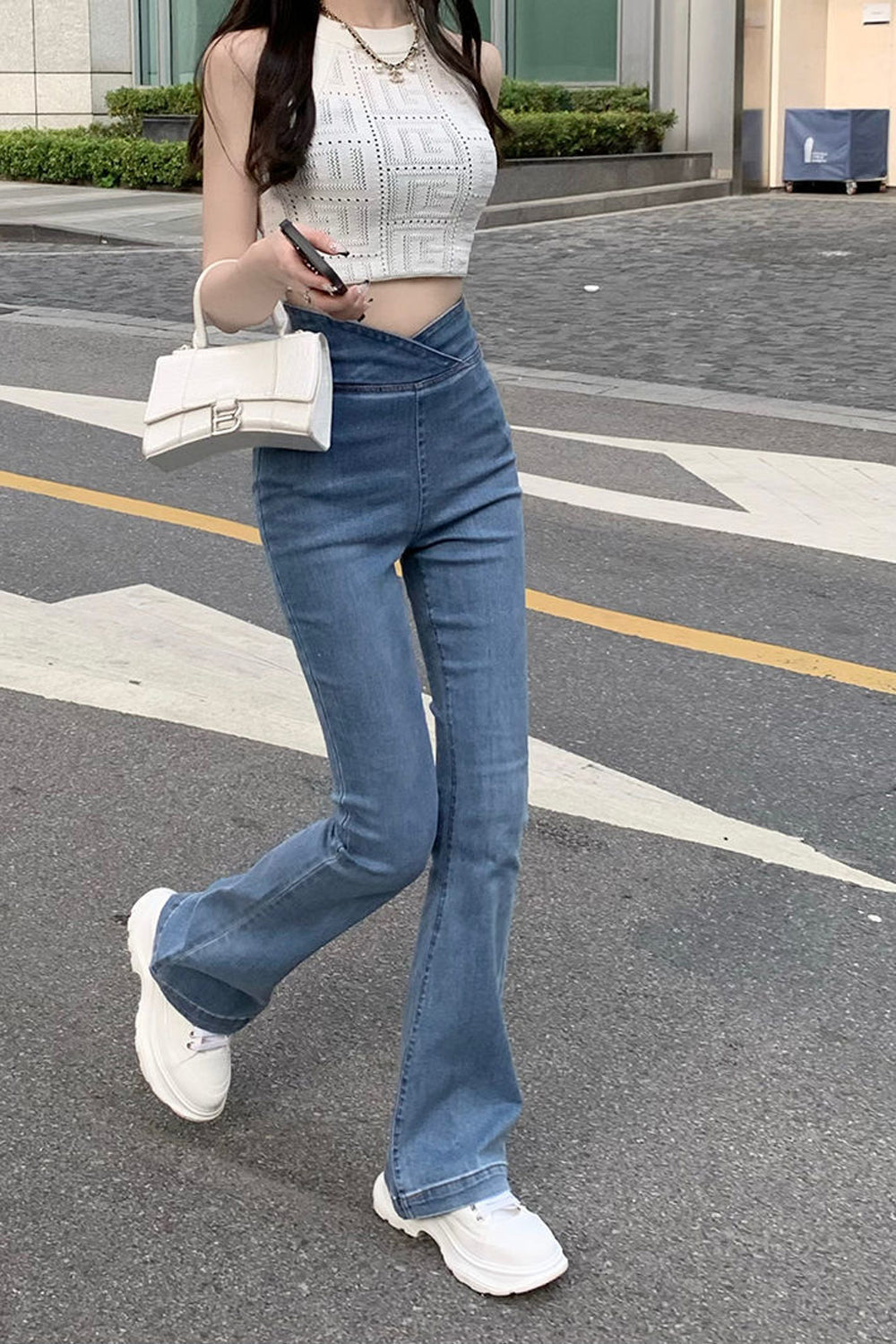 High Waist Asymmetrical Flare Jeans Pants