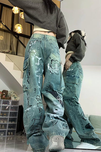 Loose Graffiti Pattern Cargo Pockets Jeans Pants