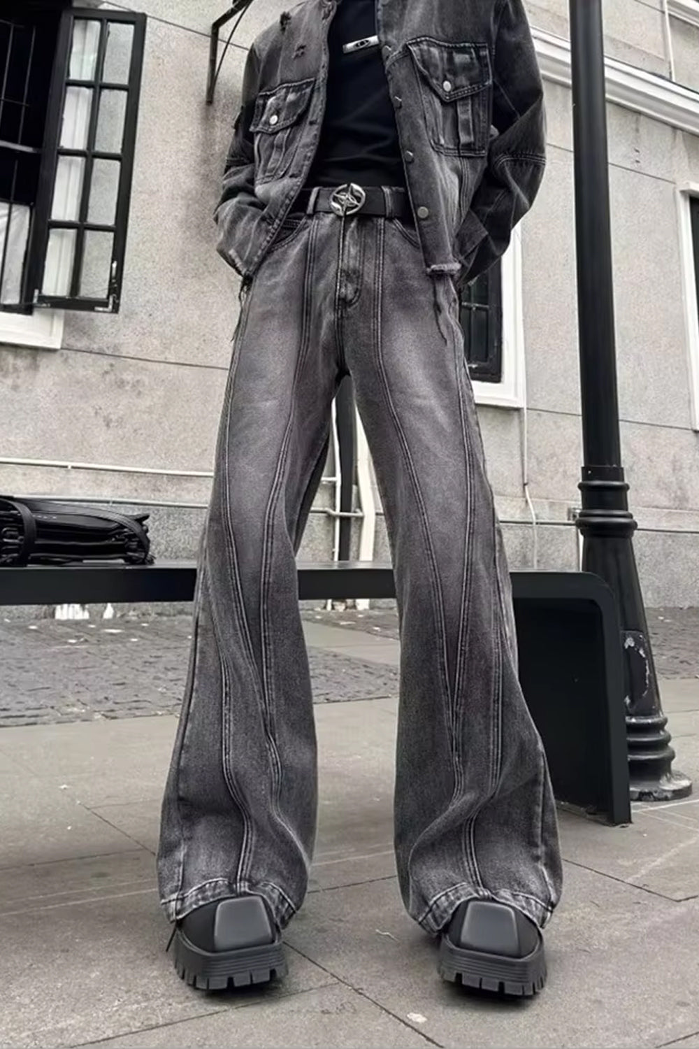 Retro Flare Style Washed Grey Jeans Pants