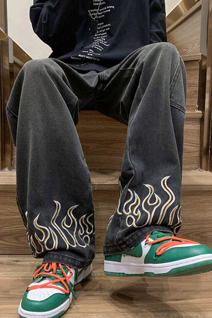 Loose Flame Embroidered Jeans Pants