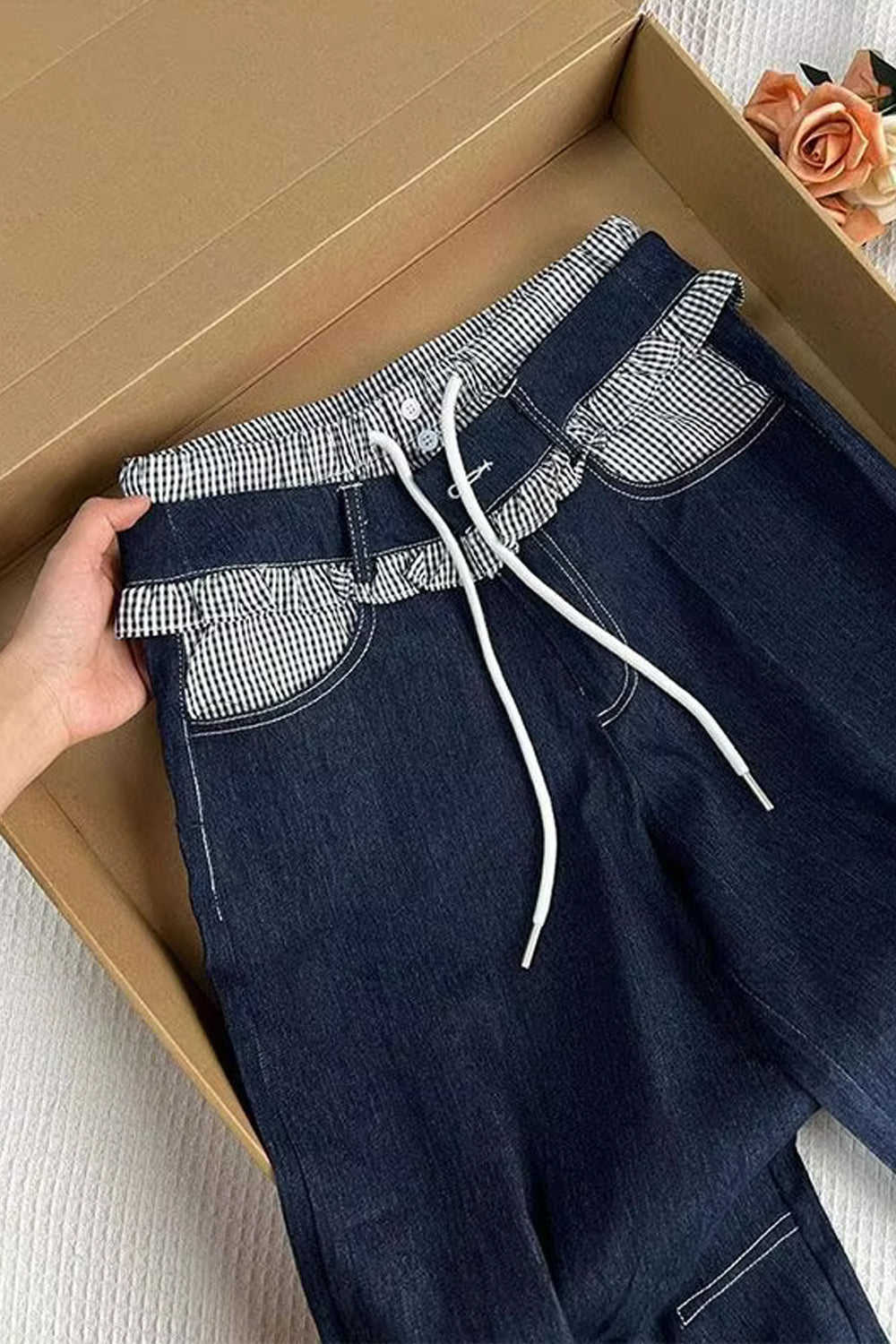 Vintage Ruffled Striped Waist Denim Long Pants