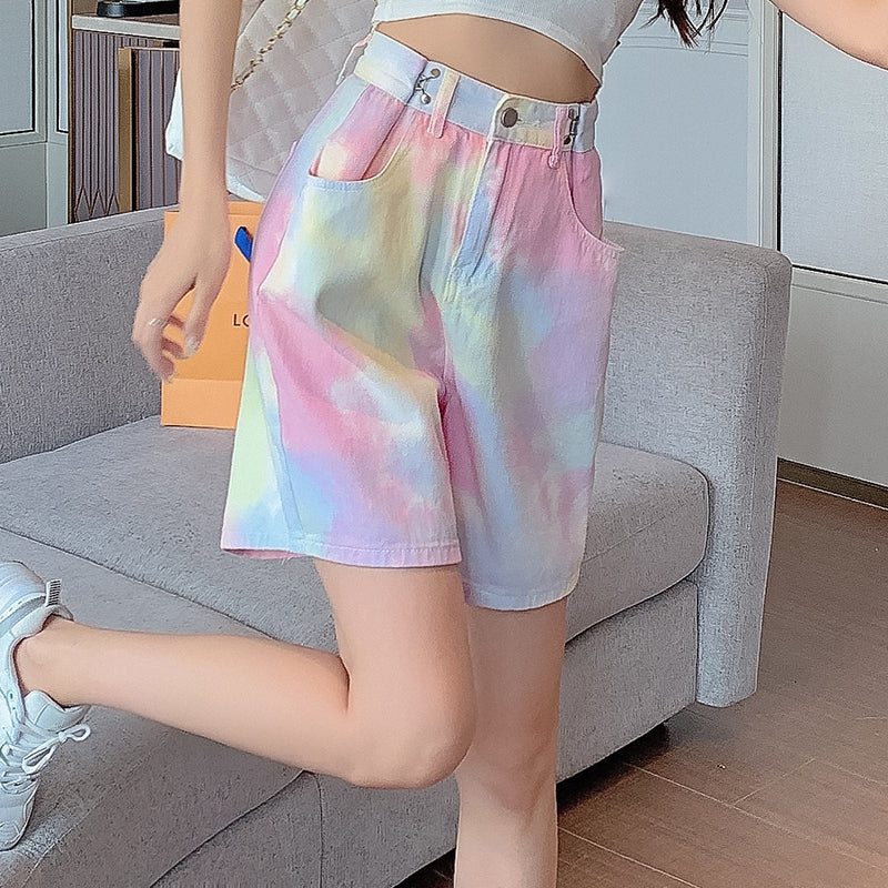 Pink Tie Dye Wide Leg Shorts Jeans