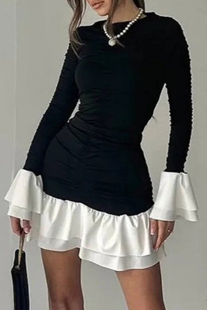 Contrast Ruffled Ruched High Waist Slim Mini Dress
