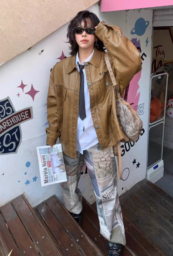 Newspaper Print Washed Boyfriend Jeans