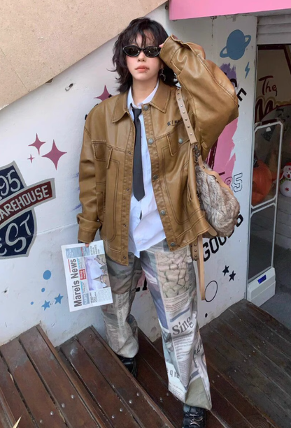 Newspaper Print Washed Boyfriend Jeans