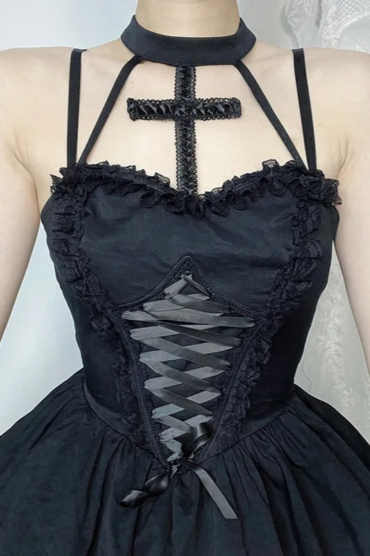 Lace Bandage Cross Halter Backless Gothic Mini Dress