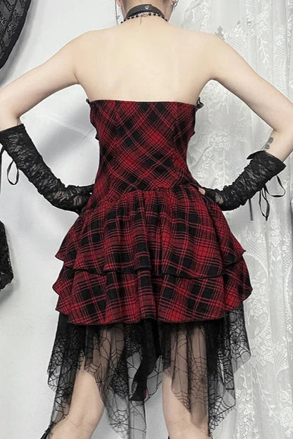 Dark Gothic Red Plaid Strapless Bag Hip Mini Dress